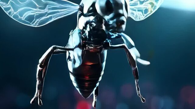 Innovative robotic bee flies through a colorful digital landscape showcasing advanced technology and design features