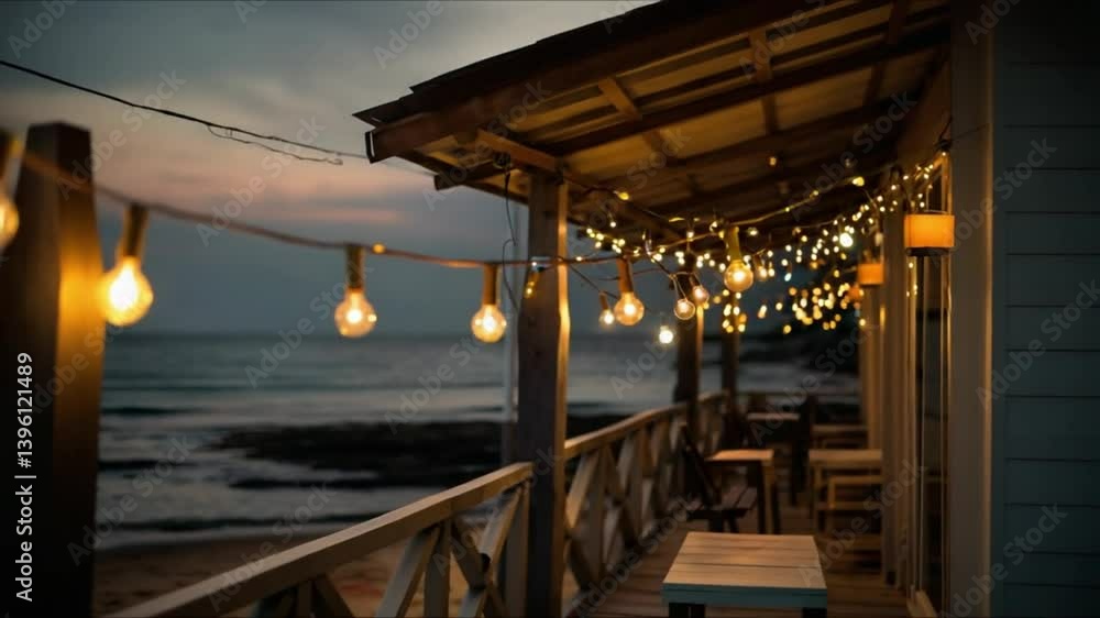 Poster sunset view of beach house illuminated with string lights generative ai