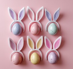 Obraz premium Colorful Easter eggs with bunny ears on pink background.
