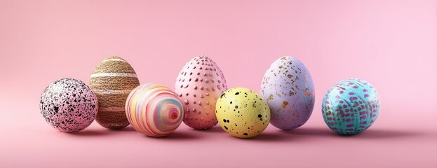 Colorful Easter eggs on pink background in a row.