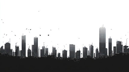 Obraz premium Cityscape, birds flying, digital art, white background, website header