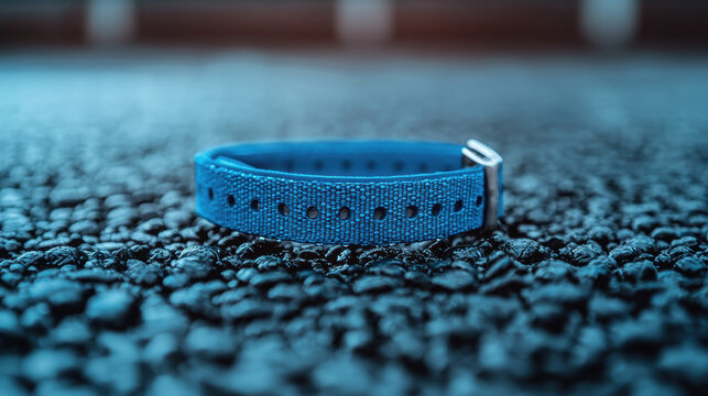 A vibrant blue fitness tracker band lies discarded on a dark asphalt surface outside, suggesting a lost or forgotten wearable technology device.