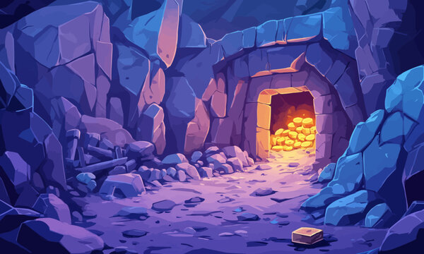 A 2D cartoon game background of a mining quarry landscape, highlighting a copper ore mine tunnel, a cave entrance with glowing gold pieces