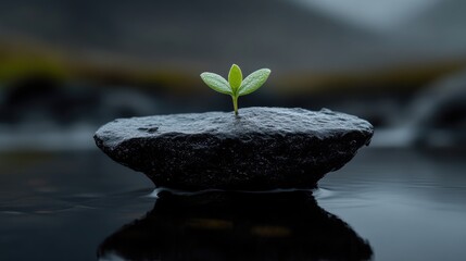 Tiny sprout on a dark stone, serene nature scene