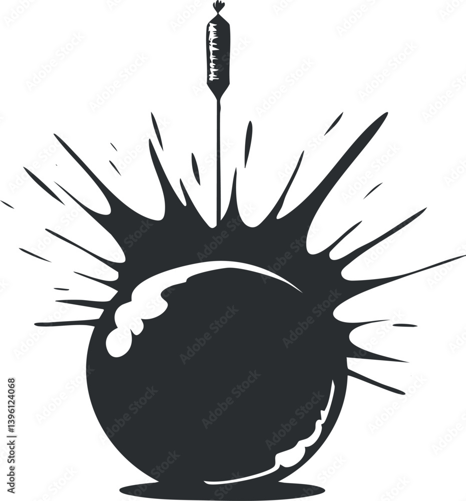 Poster a dynamic illustration of an explosion or impact with a round shape and splashes.