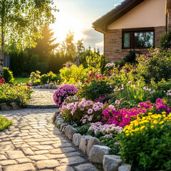 Landscaped flower garden in bloom with water feature in a yard; Hudson, Quebec, Canada