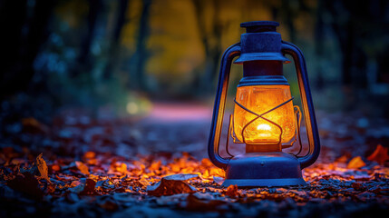 A vintage oil lantern glows warmly on a leaf-covered path in a dark autumn forest at dusk casting a magical light.