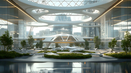 A futuristic airport with a drone landing zone, presented on a table in an urban planning office