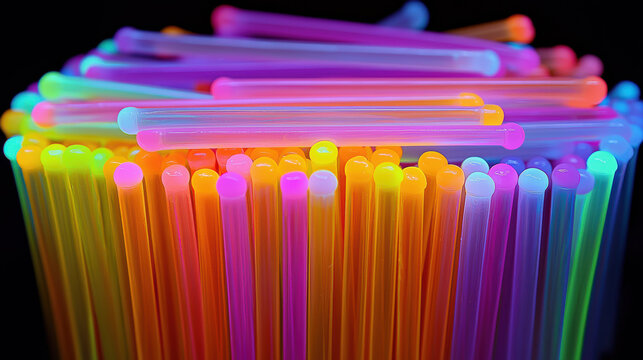 A vibrant close-up shot reveals a multitude of glowing neon sticks in assorted bright colors arranged in a dense and colorful cluster against a stark black background.