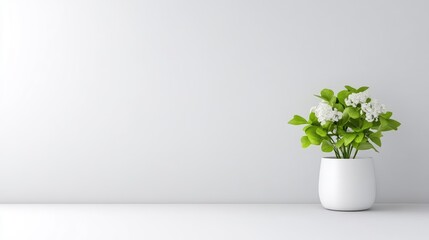A white ceramic pot with green leafy plant on minimalist white shelf, simple and modern interior design, and natural and fresh atmosphere.