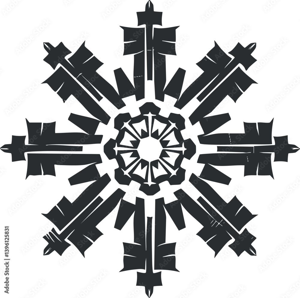 Poster a beautiful black snowflake design showcasing intricate patterns and geometric shapes.