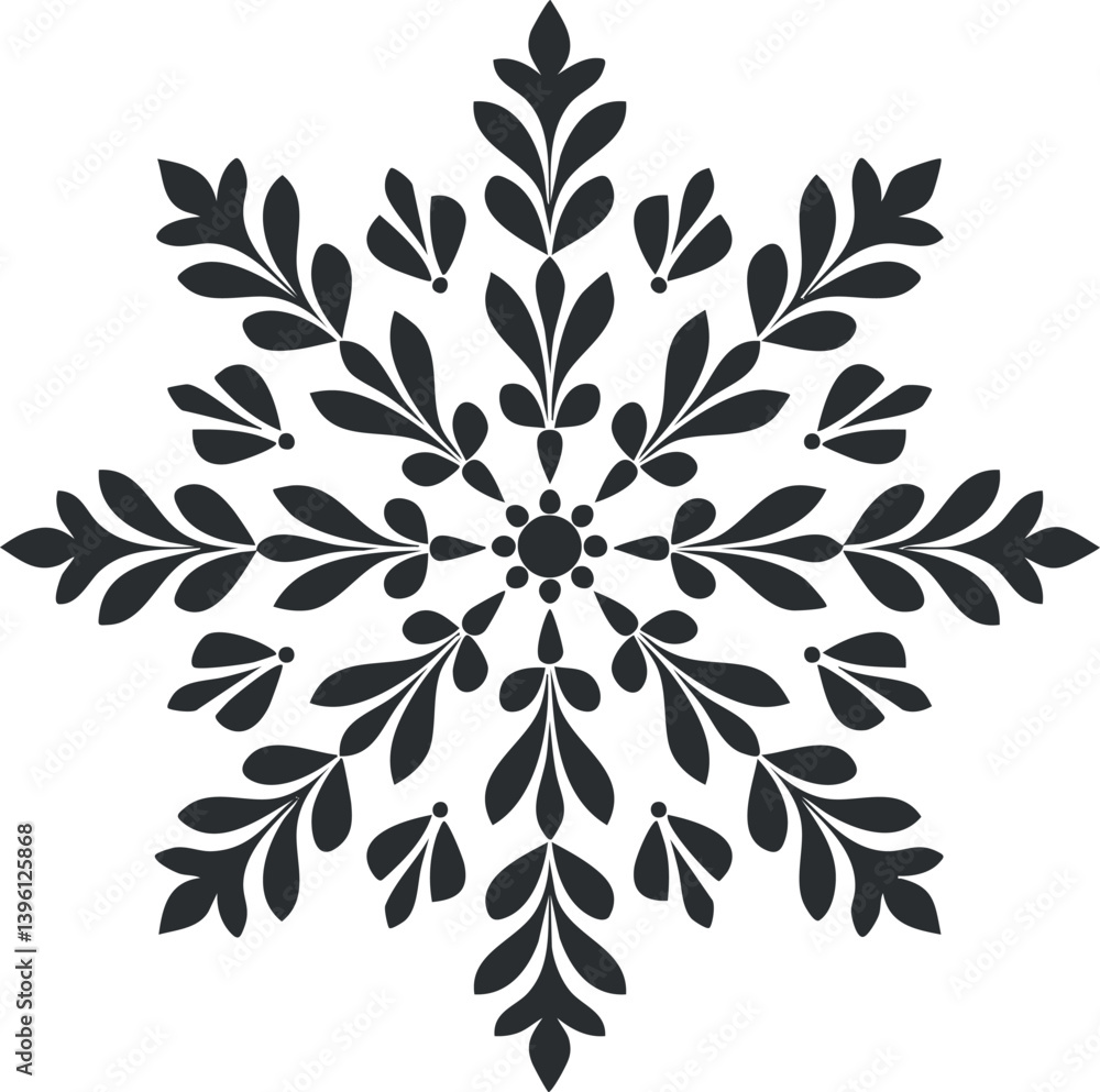 Poster a decorative black snowflake design featuring intricate floral patterns and symmetrical shapes.