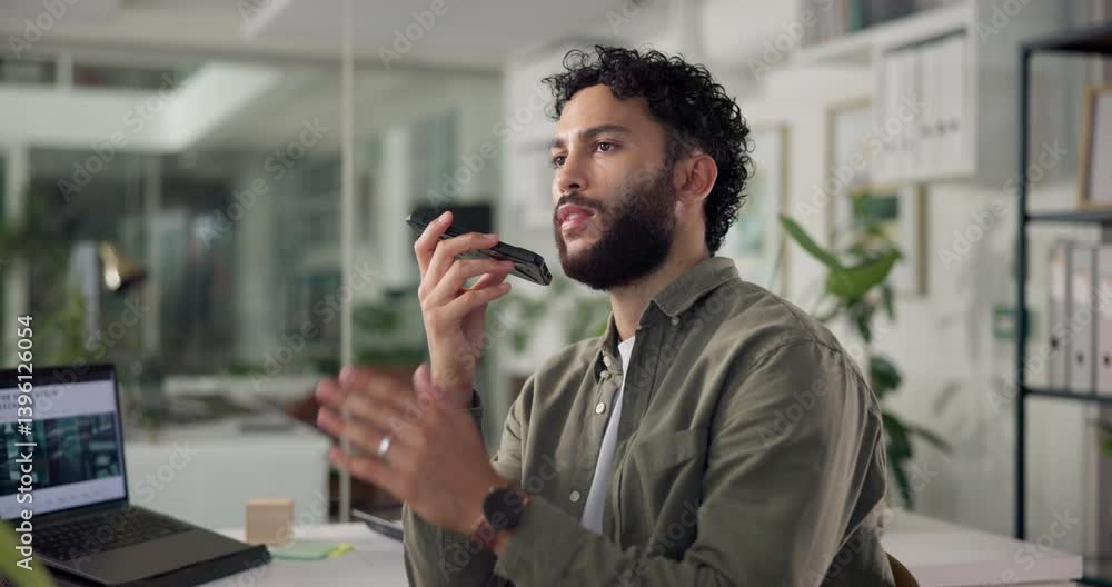 Poster Man, voice note and recording in office with discussion for project management at web design company. Person, smartphone and talk with agreement, review and feedback negotiation at creative agency