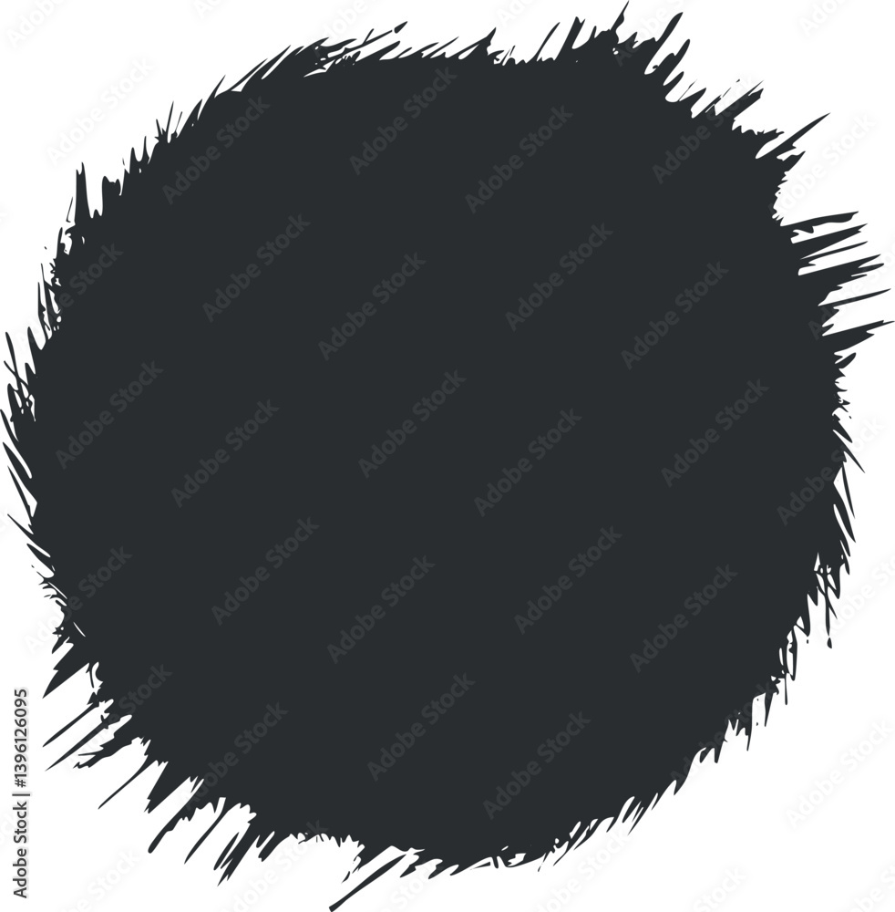 Poster a bold black abstract circular splash design suitable for creative backgrounds and graphics.