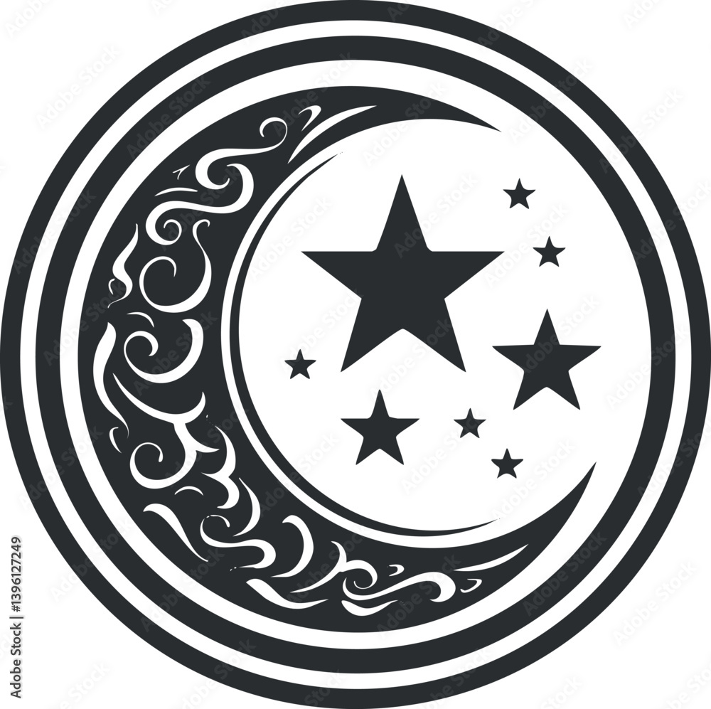 Poster a decorative design featuring a crescent moon and stars in an intricate pattern.