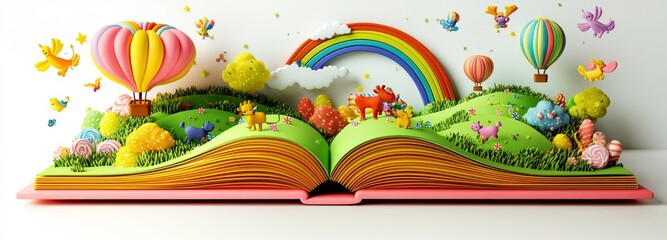 Vibrant children's book featuring playful landscapes and whimsical creatures