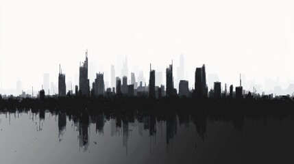Cityscape silhouette reflected in water, hazy background, urban design