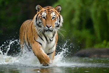 Naklejka premium Powerful Bengal Tiger Running Through Water Majestic Predator In Action Striking Wildlife Image Nature Photography Animal Theme, bengal tiger, tiger, running, water, predator, wildlife, animal, nature