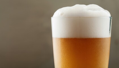 Refreshing glass of cold beer with frothy head on gray background
