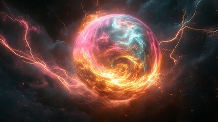 Fototapeta premium A massive glowing sphere of pure plasma, radiating swirling waves of pink, cyan, and golden energy, suspended in a black void with intricate tendrils of electricity,