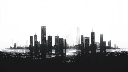 Monochrome city skyline, sunrise, urban landscape, design element
