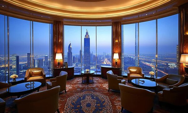 Panoramic city view lounge.  Luxury hotel, elegant seating, high-rise cityscape