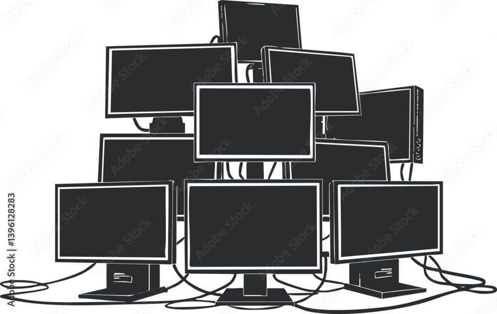 Poster a creative illustration of multiple computer monitors stacked together in a modern workspace.