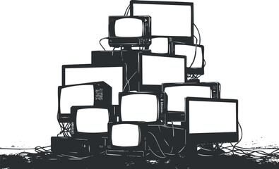 A creative arrangement of stacked old televisions and monitors with tangled wires on a white background.
