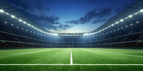 Majestic Rugby Stadium At Night Illuminated By Bright Lights With Crowded Seating And Green Pitch, rugby, stadium, night, sports, arena, field, green, grass, crowd, lights, illuminated, architecture