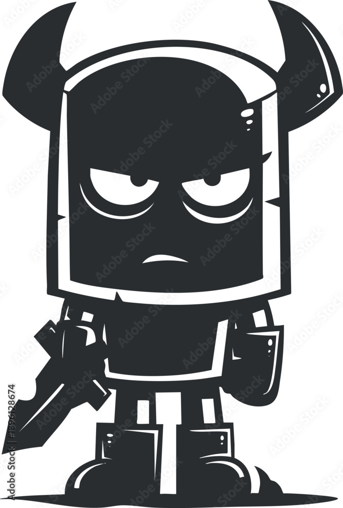 Poster a stylized cartoon character with an angry expression holding a weapon in a playful design.