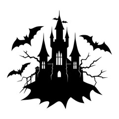 Spooky halloween night castle silhouette vector illustration with bats under a dark moon