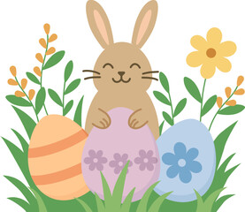 Easter Bunny with Three Colorful Eggs on Grass with Spring Flowers