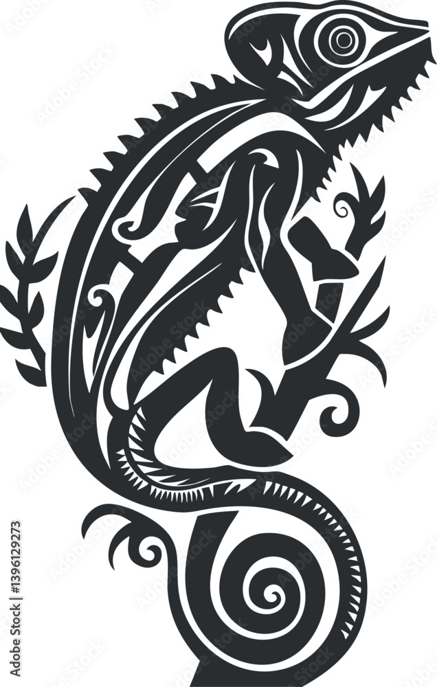 Poster stylized tribal chameleon design with intricate patterns and natural elements representing wildlife.