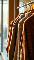 Fototapeta premium Warm autumn sweaters on hangers Comfort knitwear for cold days of fall winter Fashion thifting susta