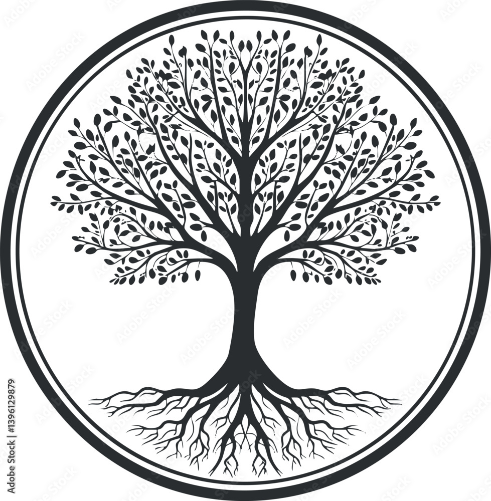 Poster a stylized tree illustration showcasing roots and branches within a circular design.