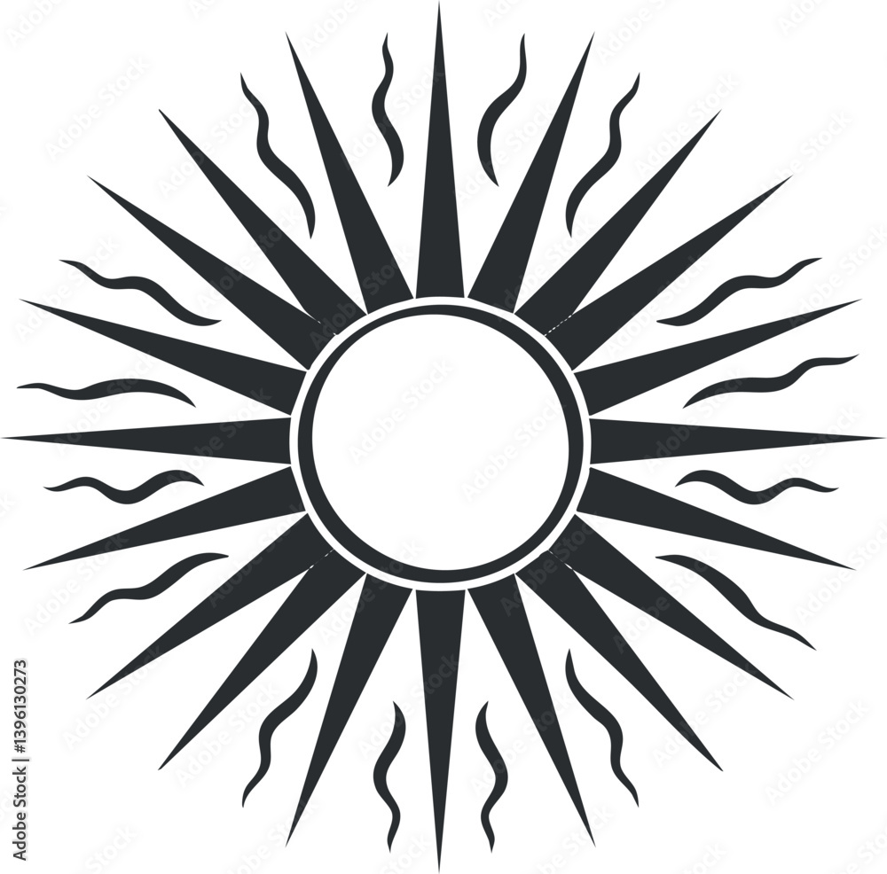 Poster stylized black sun symbol with sharp rays and a central circle representing energy and warmth.