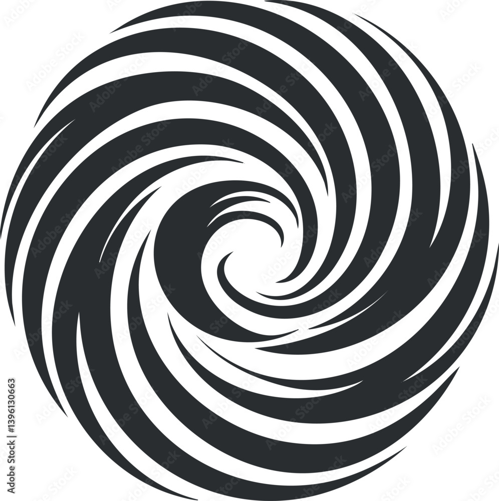 Poster a dynamic black and white spiral design creating a sense of motion and energy.