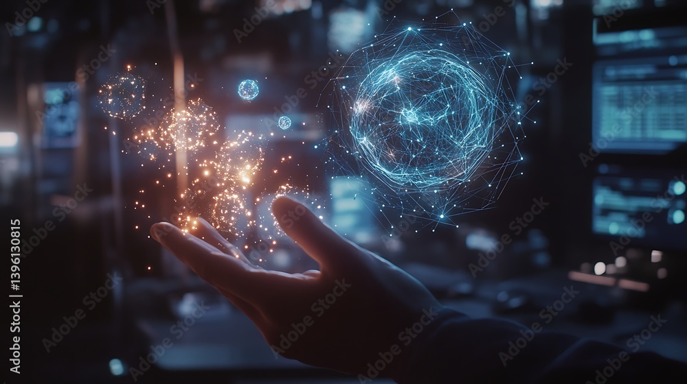 Aufkleber a human hand reaching out toward a glowing cluster of colorful sparks and digital particles within a