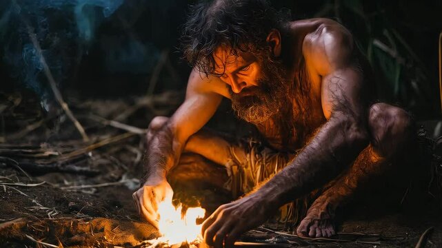 Survivalist ignites fire using traditional methods in a dense forest