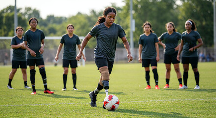 Young african teenage girl with prosthetic leg dribbling soccer ball on field during training match while her teammates watch, showcasing diversity and inclusion in sports
