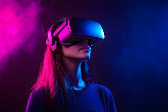 Woman wearing a virtual reality headset against a dark background with colored lighting.