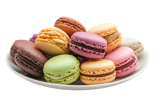 Assorted macarons elegantly arranged on a pristine white plate on transparent background