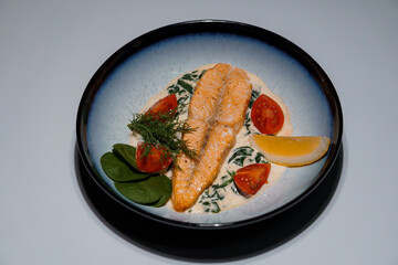 Elegant salmon fillet dish served in blue bowl with creamy sauce, tomato garnish and fresh dill on white background