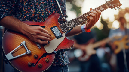 A close-up shot shows a musician's hands skillfully playing a sunburst electric guitar du an outdoor performance with a blurred band in the background.