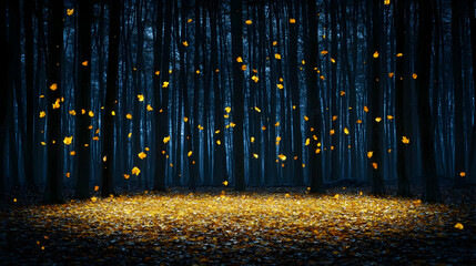 Golden Autumn Leaves Fall In Dark Forest