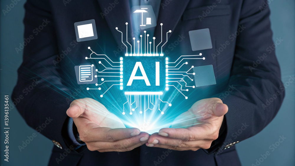 Poster person holding ai technology with glowing light and circuit board design in their hands close up