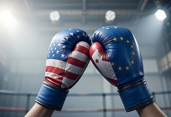 Boxing gloves painted with usa and european union flags facing each other in a boxing ring setting