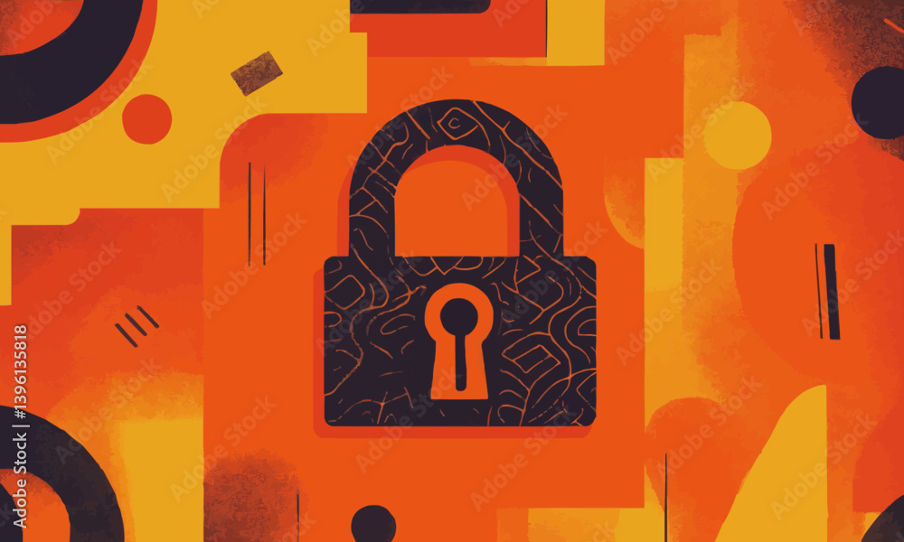 Aufkleber a vibrant orange background features a patterned padlock with a keyhole, surrounded by abstract shap