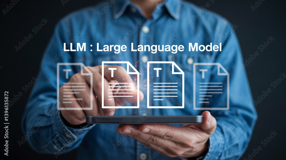 Poster Man holding a tablet displaying llm large language model with document icons on a dark background