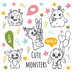 set of cartoon monsters. Cute monsters in doodle style. Kids funny character design for posters, cards, magazins. Line. Vector illustration